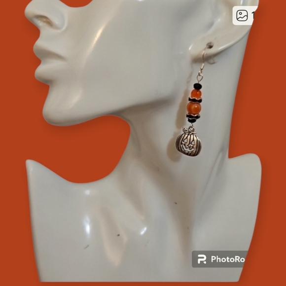 Hand Crafted Jewelry - HANDMADE Halloween Agate Glass Beaded Pumpkin Dangle Hook Earrings